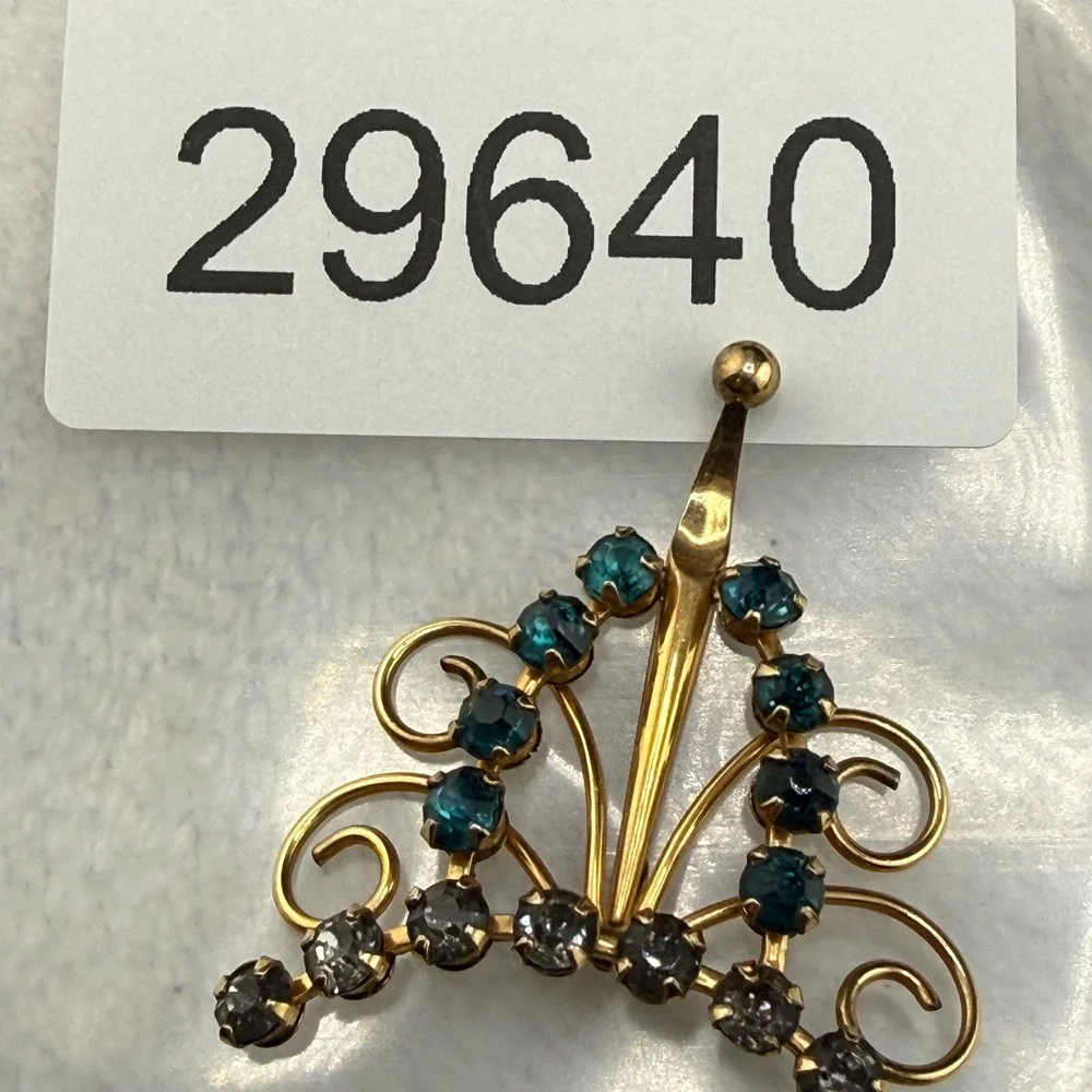 Vintage AMCO Brooch Gold Blue Rhinestone Gold Filled Mid Century Fan